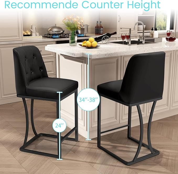 Black Counter Height Bar Stools Set of 4, 24 inch Counter Stools Pu Leather Modern Bar Chairs with Back for Kitchen Island