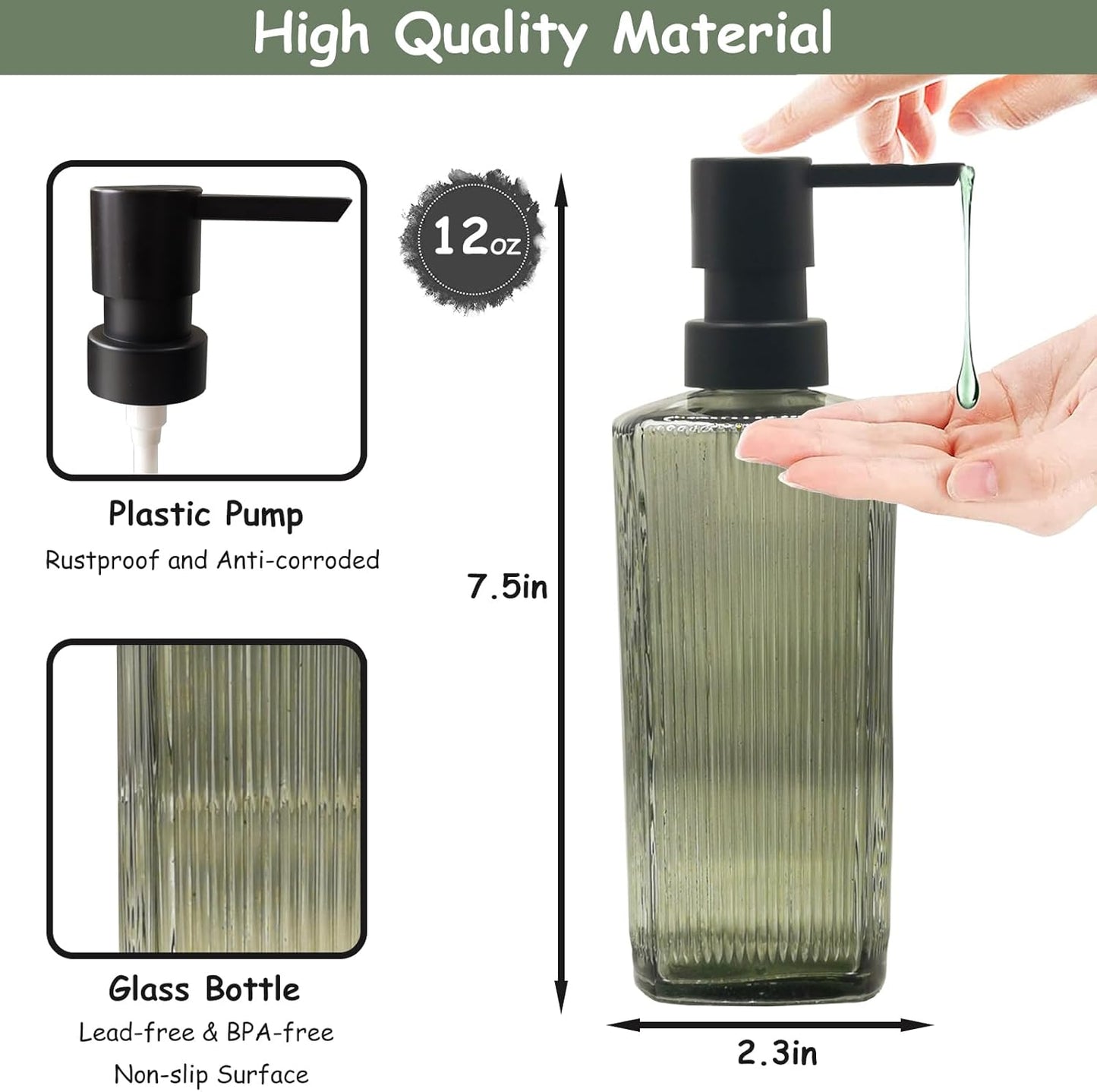 Green Glass Soap Dispenser Set with Black Pump, 12oz Hand Dish Lotion Dispenser, Refillable Liquid Soap Dispenser for Modern Home Decor, Bathroom, Kitchen Countertop, Hotel(2 Pack)