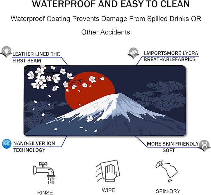 Japanese Mt Fuji Gaming Mouse Pad, Large Extended 31.5"x15.7" Durable Mousepad with Stitched Edges, Waterproof Non-Slip Base for Home Office Work
