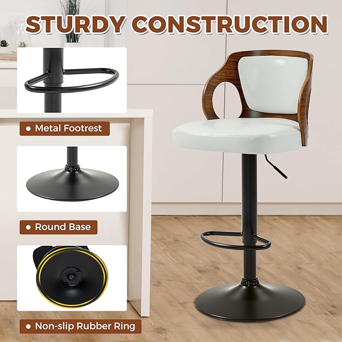 ECOTOUGE Swivel Bar Stools Set of 2, Height Adjustable Bentwood Island Stools, Modern Counter Height Bar Stools, Faux Leather Counter Stools with Back & Footrest, White