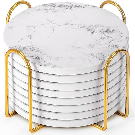 GOH DODD Coasters for Drinks Set of 8, Absorbent Stone Marble Style Ceramic Coaster Tabletop Protection Home Decor with Metal Holder for Coffee Table Housewarming Gifts Wedding Party, White, 4 Inches