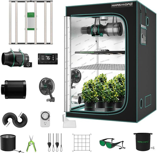 MARS HYDRO 4x4 Smart Grow Tent Kit Complete System with Temperature Humidity Controller,480W FC-E4800 Dimmable Light 2646Pcs LED,48"x48"x80" 1680D High Reflective Mylar,6inch Automatic Ventilation Kit