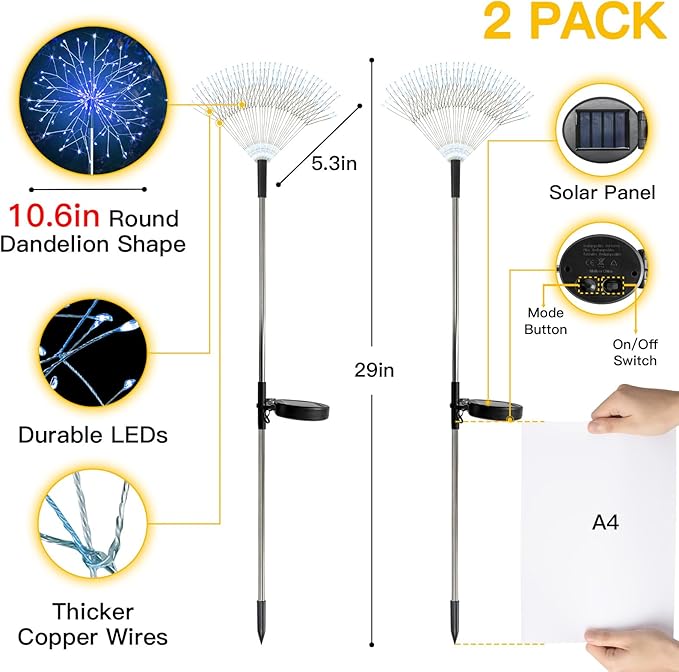 suddus Solar Garden Lights Outdoor Waterproof Decorative, 2Pack 150LED Firework Lights, Solar Fairy Lights for Yard, Garden, Party, Patio, Pathway, Flowerbed - Blue