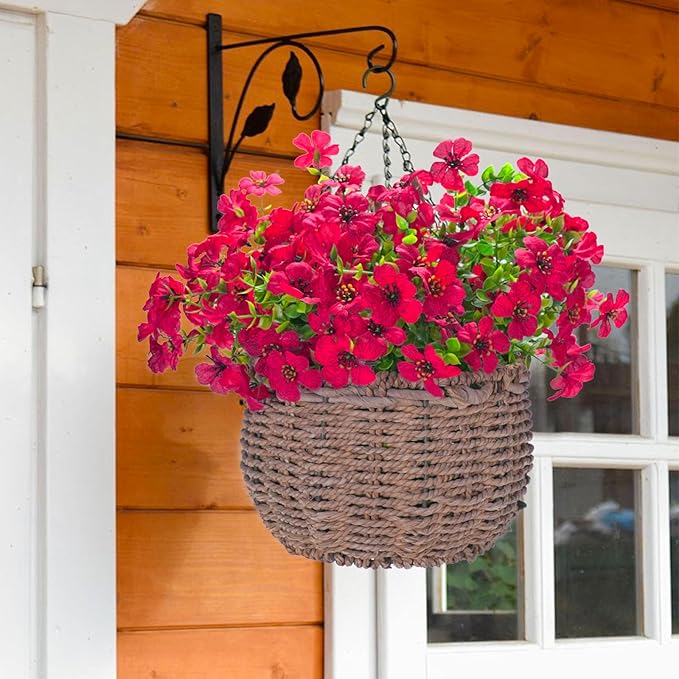 24 Bundles Artificial Flowers for Outdoors & Indoors – UV Resistant Faux Plastic Plants for Garden, Patio, Porch, Window Box, Home Decor – Lush & Vibrant Fake Flowers, Red