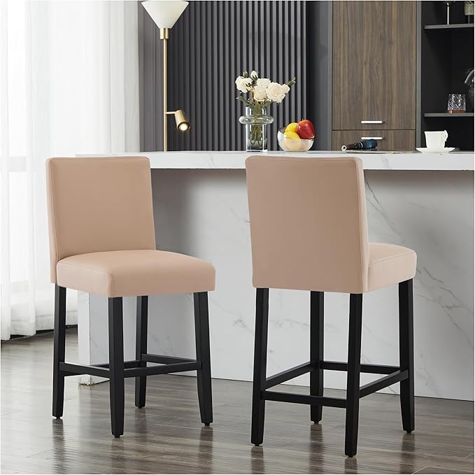 26'' Faux Leather Bar Stools Set of 4, Modern Upholstered Bar Chairs with Back, Soild Wood Legs Barstools for Kitchen Island, Light Brown