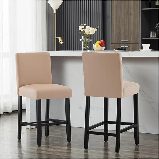 26'' Faux Leather Bar Stools Set of 2, Modern Upholstered Bar Chairs with Back, Soild Wood Legs Barstools for Kitchen Island, Light Brown