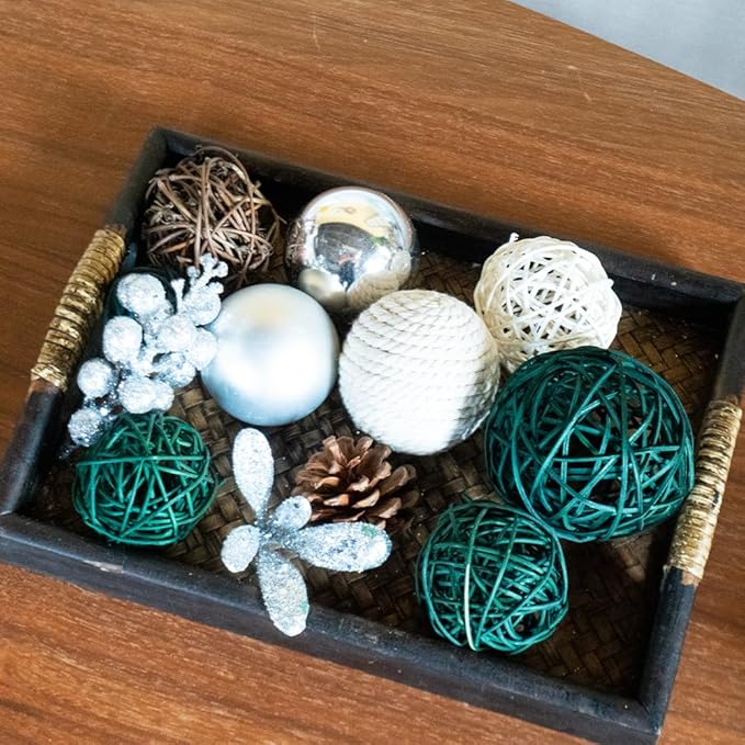 Qingbei Rina Bowl Fillers Silver,Decorative Balls for Centerpiece Vase Fillers,Assorted Wicker Rattan Balls,Winter Orbs Woven Spheres Table Dining Farmhouse Home Decor