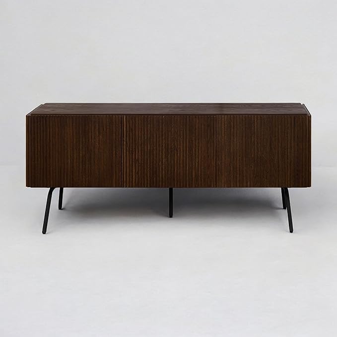 NTC Veil TV Stand with 3 Doors for TVs up to 60’’, Media Console with Vertical Groove Design and Metal Legs, Modern Entertainment Center for Living Room and Bedroom, Effortless Assembly, Dark Walnut