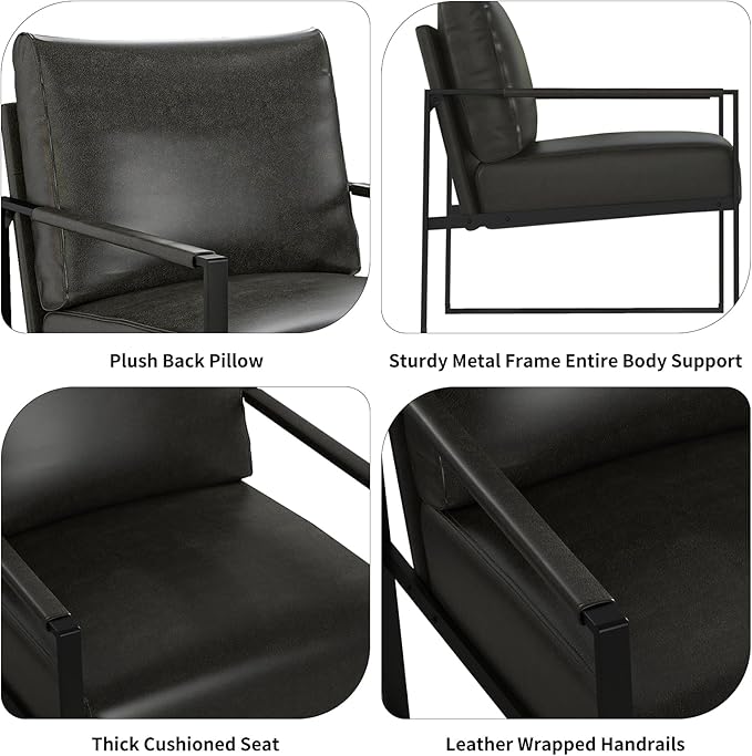 Phoenix Home PU Leather Accent Chair, Leisure Metal Framed Armchair with Extra Soft Padded and Cushion, 105 Degree Slant Back, Modern Reading Arm Chair for Living Room/Office/Bedroom, Black
