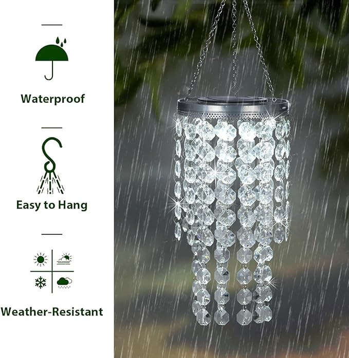 Hanging Solar Lantern Outdoor, 2 Tiers 21” Solar Transparent Acrylic Beaded Chandelier with Cool White LED S Hooks for Garden Yard Patio Gazebo Outside Decor