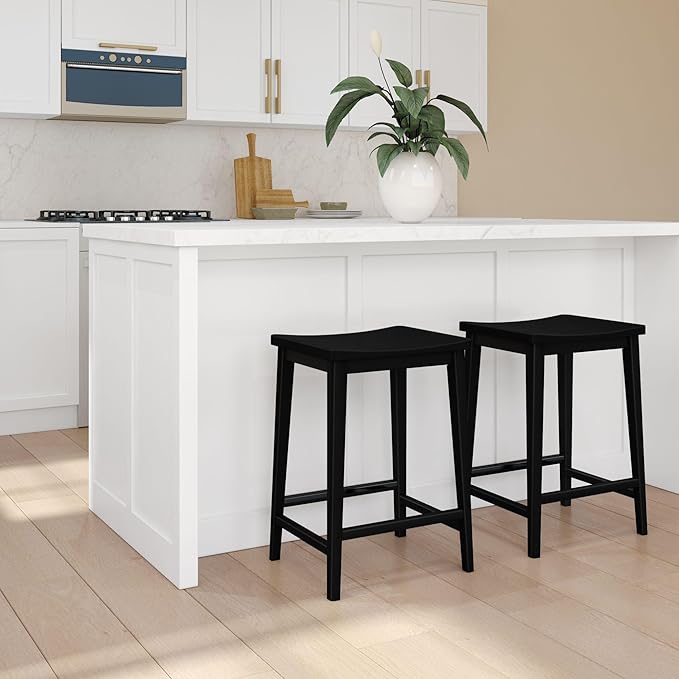 Plank+Beam Smythe Counter Stool, 24", Set of 4, Sturdy Wood Modern Kitchen Counter Height Stool, Saddle Seat Backless Counter Chair, Metal Footrest, Black