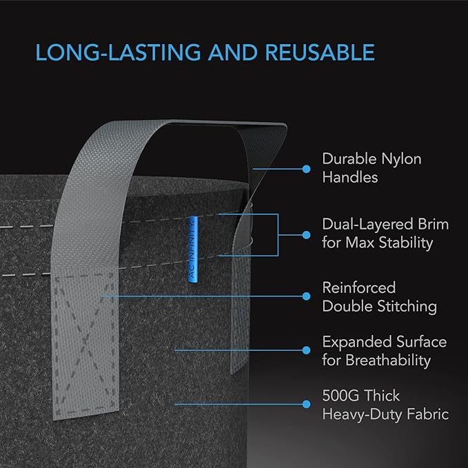 AC Infinity Heavy Duty Fabric Pots, 25 Gallon Aeration Reusable Grow Bags 5-Pack with 500G Thick Nonwoven Fabric and Multi-Purpose Rings, for Low Stress Plant Training Fruits, Vegetables, and Flowers