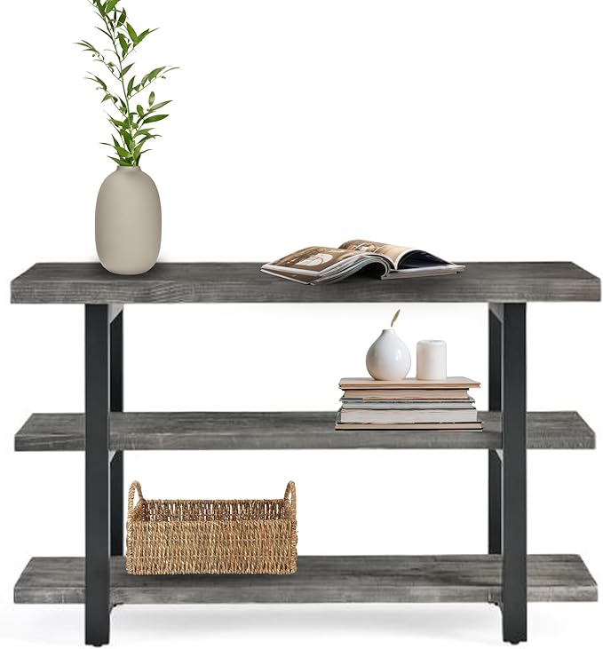 Pomona 48 in. Industrial Metal & Solid Wooden Media/Console Table, Slate Gray - Home, Living Room Furniture - Featuring 3 Solid Wood Tops & Metal Legs, 16 in. D Perfect for Any Room