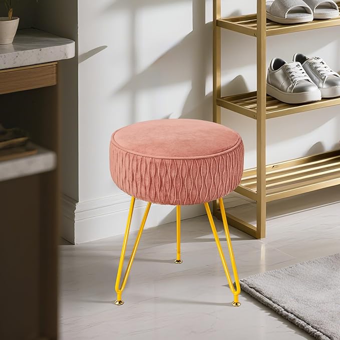 Velvet Vanity Stool Footrests, Round Ottoman Vanity Chairs with Anti-Slip Feet, Dressing Table Seat Foot Stool with Black Legs, Furry Padded Seat Side Table for Makeup Bedroom(Pink, Golden)