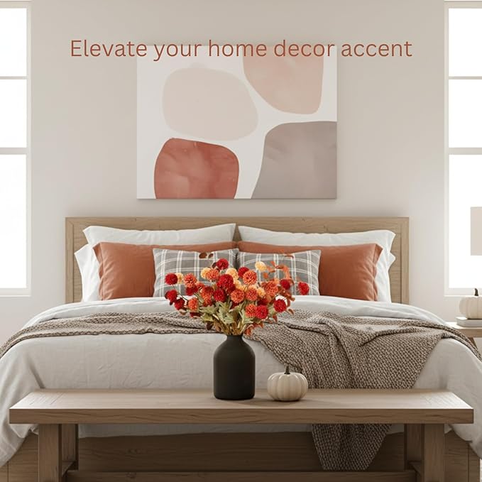 Fall Flowers, Burnt Orange Faux Kiku Flowers Artificial 10 Stems + Eucalyptus, Fake Silk Mums Fall Floral Centerpiece, Autumn Decor, Terracotta Mini Balls Faux Stems For Vase, Decoración de Otoño