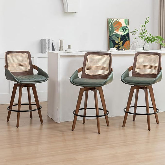 Counter Stools Set of 3 - 26.4 inch Counter Height Swivel Bar Stools with Cane Back, Curved Arms, Faux Leather Upholstered Seat, Counter Chairs for Island/Pub/Kitchen/Cafe (26" Seat Height, Green)