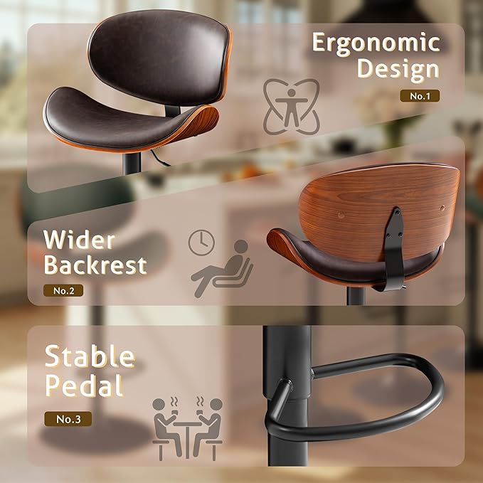 Bar Stools Set of 4 Adjustable Swivel Bentwood Barstools PU Leather Modern Bar Chairs with Back & Footrest for Bar, Kitchen Island, Dining Room (Brown, Set of 4)