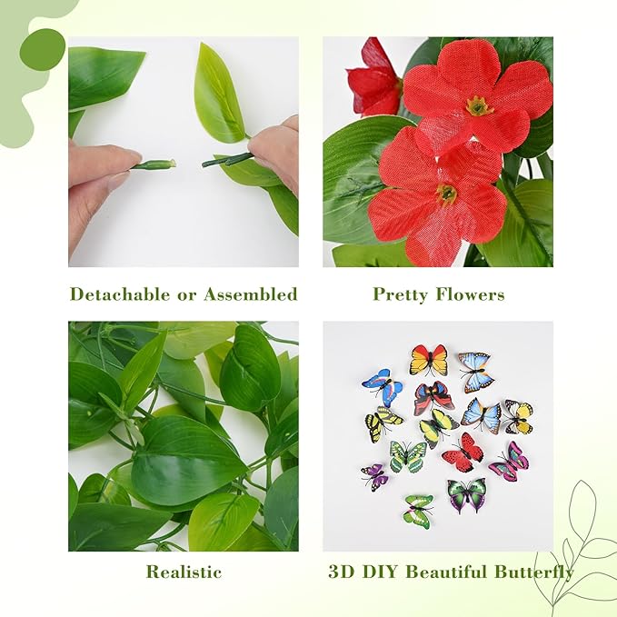 BLEUM CADE Artificial Hanging Flowers for Outdoors, 4pcs Fake Hanging Plants Pothos Vines with Red Flowers for Wall Home Living Room Indoor Outdoor Decor (No Baskets)