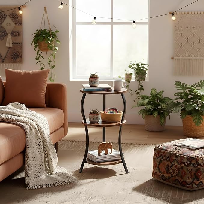 Vintage Small Round Side Table, 3-Tier Slim Waist Circular End Table with Storage Shelf, Compact Tea Sofa Table, Round Corner Coffee Table Nightstand for Living Room Bedroom Small Spaces,Rustic Brown