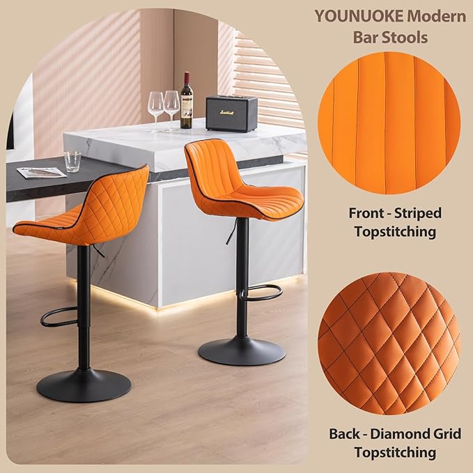 YOUNUOKE Orange Bar Stools Set of 2, Height Adjustable, 360° Swivel, Faux Leather Upholstered Barstools with Back, Mid-Century Modern Design, Stools for Kitchen Island, Home Bar, Bistro, Restaurant