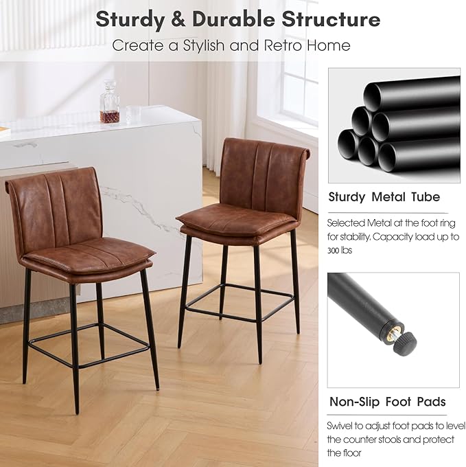 CIMOTA Leather Counter Height Bar Stools Set of 2, Modern 26 Inch Upholstered Barstools with Back and Metal Legs, Comfortable Kitchen Island Chairs, PU Brown