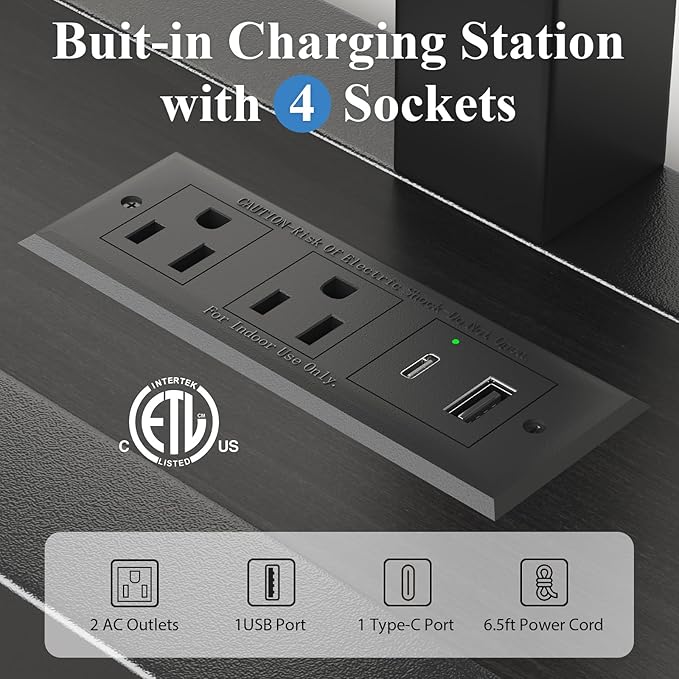 Queen Size Bed Frame with Storage Headboard, Industrial Platform Bed with Charging Station and LED Lights, Heavy Duty Metal Slats, No Box Spring Need, Noise Free, Black