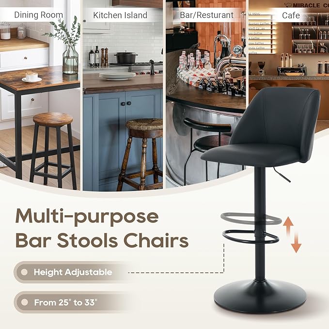 COLAMY Bar Stools Set of 2, Modern Swivel Bar Chairs, Adjustable PU Leather Upholstered Barstools Counter Height with Full Backrest for Bar, Dining Room, Kitchen Island, Black