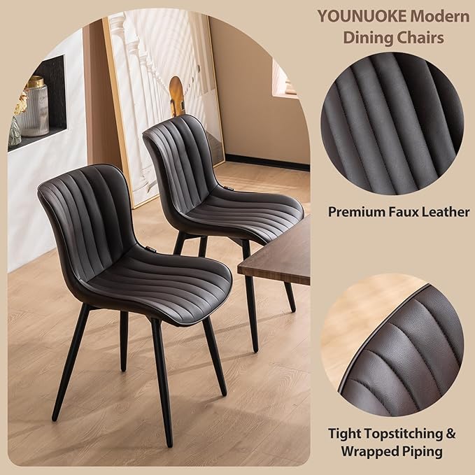 YOUNUOKE Dining Chairs Set of 2 Upholstered Mid Century Modern Kitchen Chair Comfortable Armless Faux Leather Accent Chair with Back for Guest Waiting Reception Living Room, Dark Brown