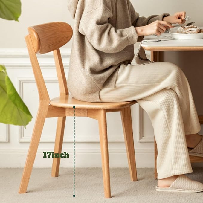 Mid Century Oak Wood Dining Chair, 100% Solid Wood Kitchen Chair with Rounding Edges & Curved Backrest, Modern Armless Accent Dining Chairs for Kitchen Dining, Natural Oak