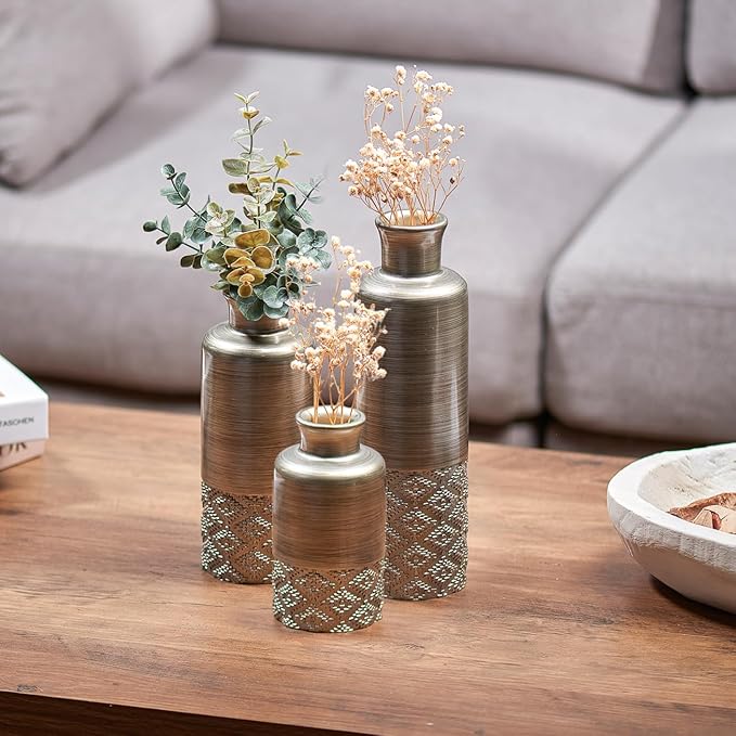 Creative Scents Dublin Silver 3 Vases with Coordinating Bowl and 3 Orbs – Decorative Coffee Table Accents with Orb Balls for Living Room or Dining Room Tables, Home Decor, Mantel Decorations