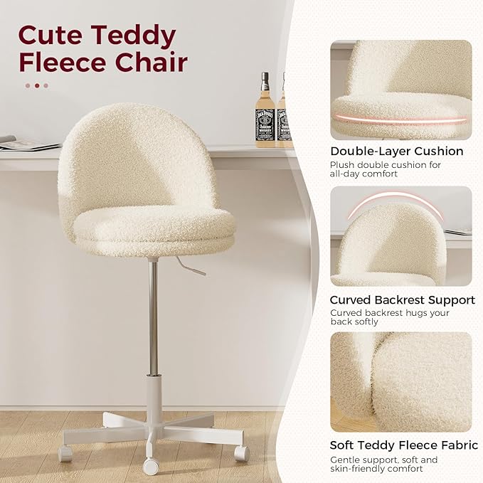 COMHOMA Vanity Chair with Teddy Velvet, Small Tall Armless Chair with Back, Cute Candy Chair for Girls Gift Living Room/Makeup Room/Bedroom/Kitchen (Height Use: Adjustable from Desk to Bar Height)
