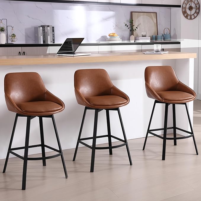 Zesthouse Swivel Counter Height Stools Set of 3, Modern Upholstered Barstools with Backs, 26'' Faux Leather High Chairs for Island Kitchen, Counter Height Chairs with Metal Legs, Brown
