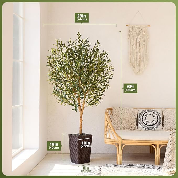 Artificial Olive Tree 6FT, Faux Olive Trees with Real Wood Trunk, UV Resistant Fake Plants in Planter & River Rocks, Indoor Tall Silk Plant for Home Living Room Office Outdoor Decor, VN133