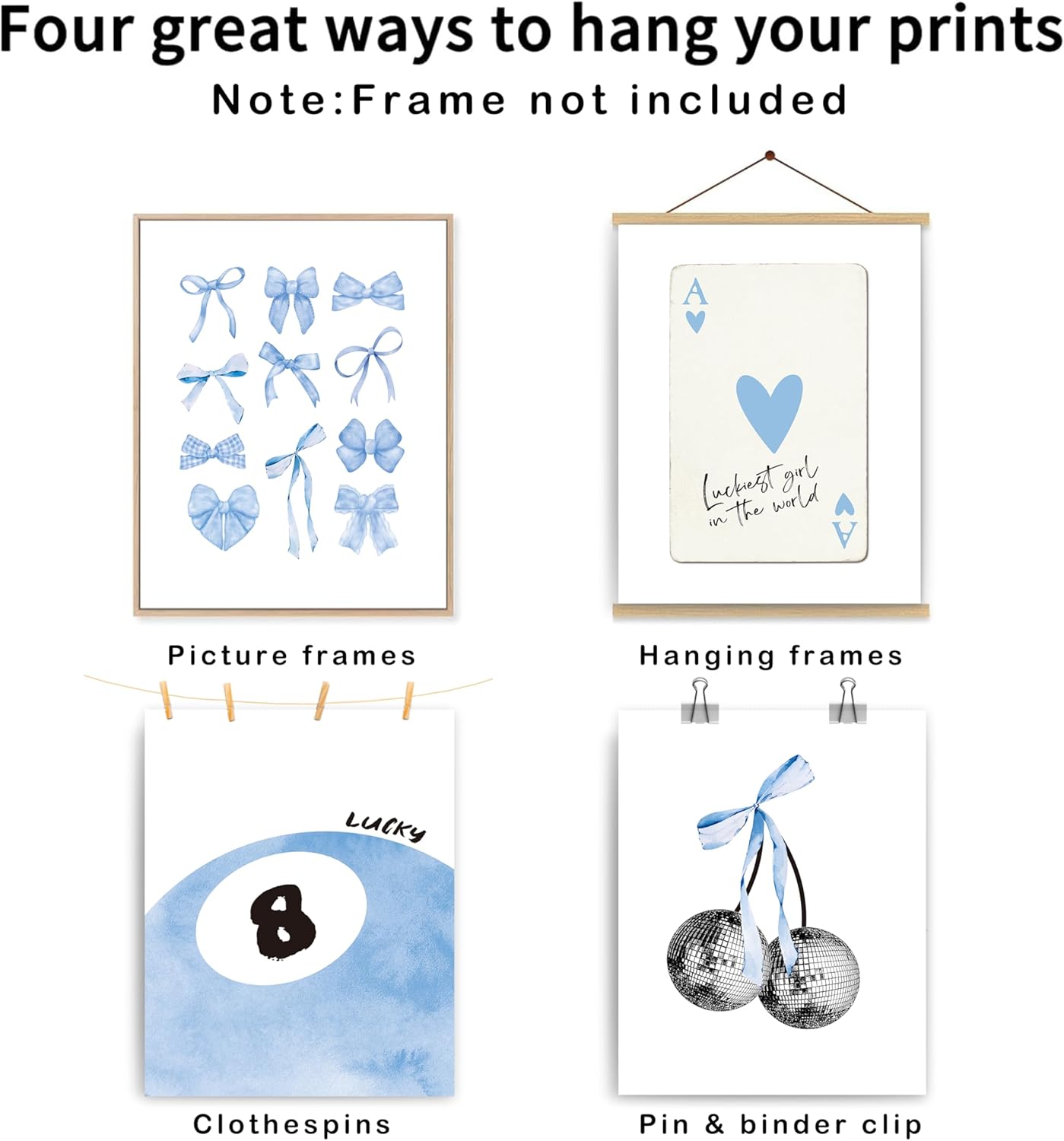 okaxscm Light Blue Coquette Trendy Preppy Wall Art Prints Set of 4, Coquette Preppy Room Decor, Blue Bow Disco 8 Ball Cherry Wall Decor Posters for Girls Bedroom Dorm, 8x10 Unframed