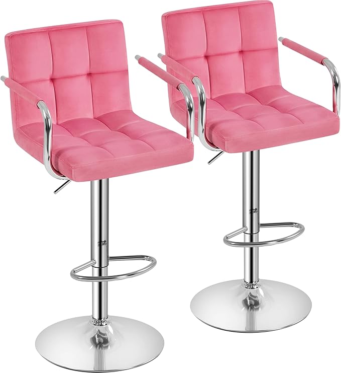 Yaheetech Bar Stools Set of 2, Adjustable Velvet Fabric Swivel Barstools, Modern Counter Stools with Back and Footrest, Counter Height Barstools for Bar, Kitchen, Dining Room, Pink