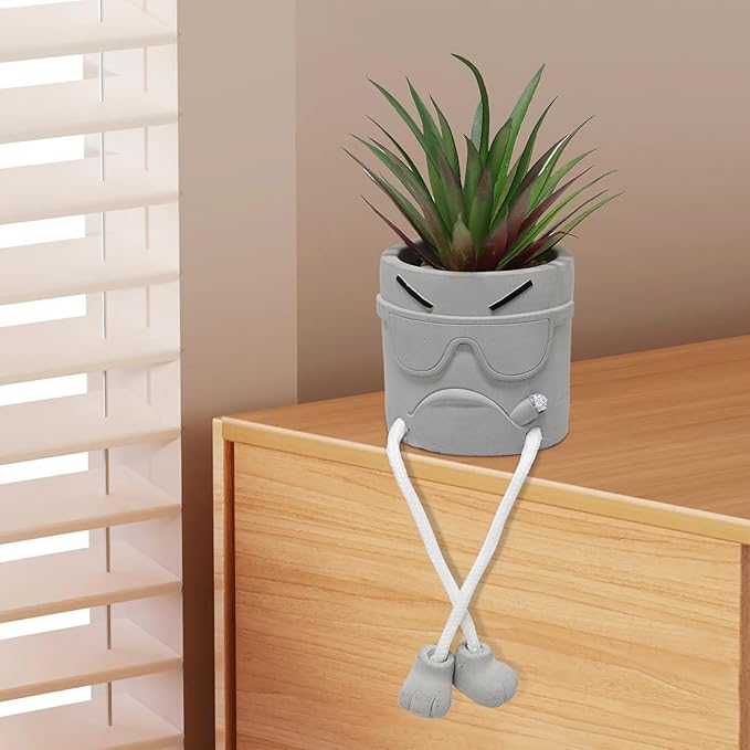 2PCS Artificial Mini Succulent Plants, Cute Fake Plant Faux Succulents in Grey Pots, Artificial Plants with Hanging Leg Potted for Home Office Desk Shelf Bathroom Decor