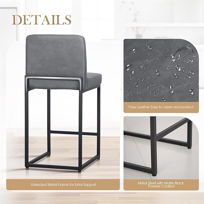 Sophia & William Bar Stools, Counter Height 24" Bar Stools for Kitchen Island, Modern PU Leather Metal Counter Stools,Grey,1 Pack