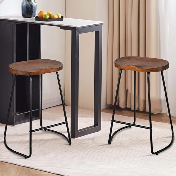 HeuGah Bar Stools, Solid Wood Barstools Set of 2, 26" Counter Height Bar Stools with Metal Leg, Rustic Backless Bar Stool for Kitchen Island, Bar Chairs with Solid Wood Saddle Seat (Walnut, 26 Inch)