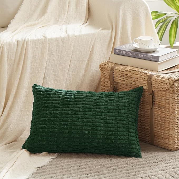Fancy Homi 2 Packs Boho Dark Green Decorative Throw Pillow Covers 12x24 Inch for Couch Bed Sofa, Rustic Modern Farmhouse Home Decor, Soft Plush Corduroy Cute Square Cushion Case 30x60 cm