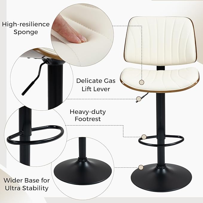 ECOTOUGE Bar Stools Set of 6, Adjustable Bentwood Barstools, Modern Swivel Bar Height Chairs with Back and Footrest for Kitchen Island, Counter, Dining Room(Ivory White/Beige)