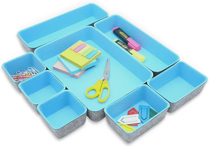 Welaxy Drawer organizers bins dividers storage trays shallow organizing box for office supplies makeup nightstand catchall key holder cozy room decor 8-piece (Baby blue)