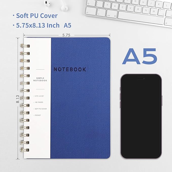 Lined Spiral Notebook College Ruled A5 Journal Book for Note Taking, 160 Pages Writing Journal for Office and Home School Supplies 5.75x8.125 inch - Navy Blue