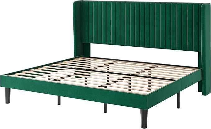 SHA CERLIN King Size Velvet Bed Frame with Vertical Channel Tufted Wingback Headboard, Upholstered Platform Bed with Wood Slats, No Box Spring Needed, Easy Assembly, Green