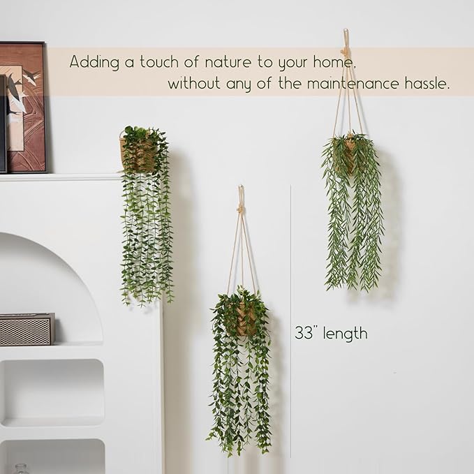 3 Pack Artificial Hanging Plants in Boho Handwoven Baskets for Living Room, Bedroom, Bathroom Wall Shelf Decor