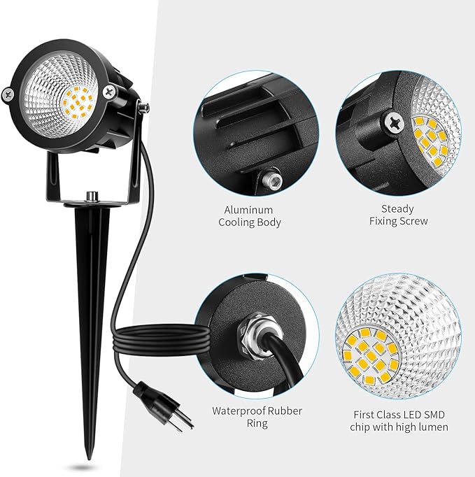 Outdoor Spotlight Warm White 2700K, 10W LED Spot Lights Outdoor for Yard Garden Tree, 120V Plug in Landscape Lighting with IP65 Waterproof for Halloween Christmas Decor, 2 Pack