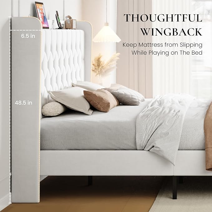 SHA CERLIN King Size Platform Bed Frame with Charging Station, Velvet Wingback Headboard with Storage Shelf, Wooden Slats Support, Ample Under-Bed Space, No Box Spring Needed, Easy Assembly, White