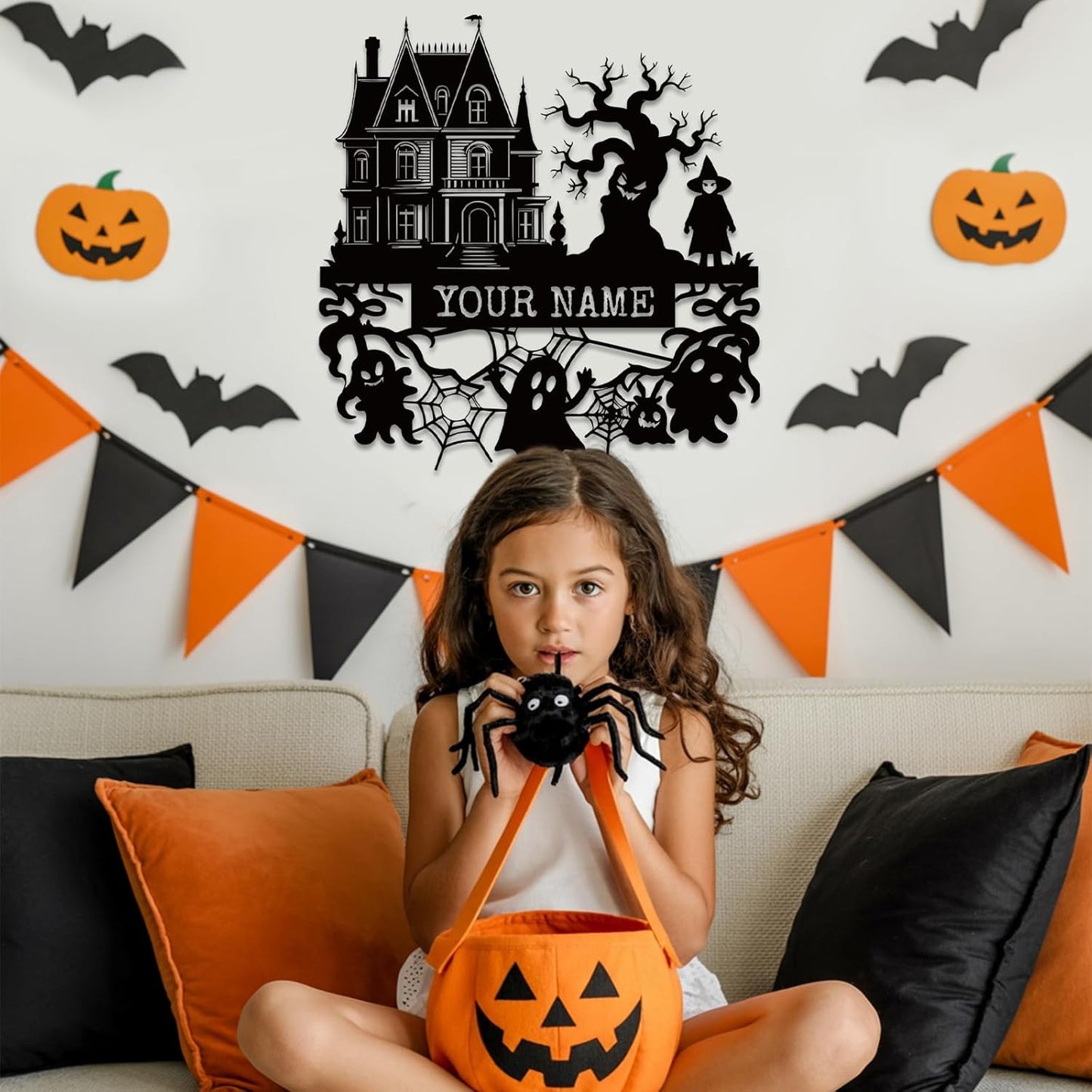 Personalized Haunted House Signs, Family Name Signs, Custom Halloween Metal Wall Art with Witch Bats Pumpkins Skull Ghost Spider, Gothic Home Decor for House, Halloween Party, Living Room