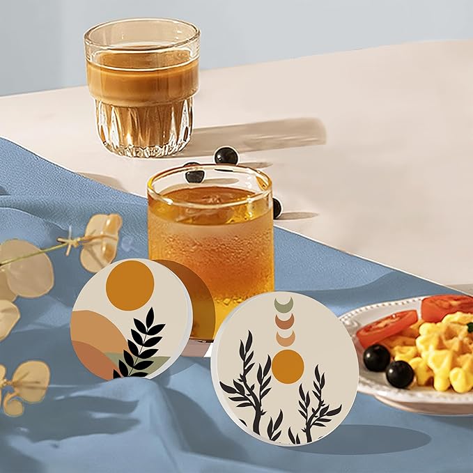 Drink Coasters Set of 6 with Holder, Abstract Boho Sun Leaves Absorbent Ceramic Coasters with Cork Base,Fit All Cups,Great Gift for Housewarming,Room Decor,Bar,Holiday Party