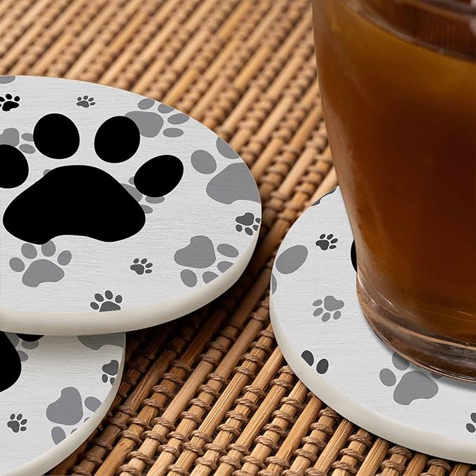 Black and Gray Paws Coaster for Drinks Individual Silhouette Cartoon Animal Dog Cat Paw Print Cute Puppy Kitten Feet Presents for Housewarming Birthday and Family 100% Diatomite 4''X 4'',2 Pack