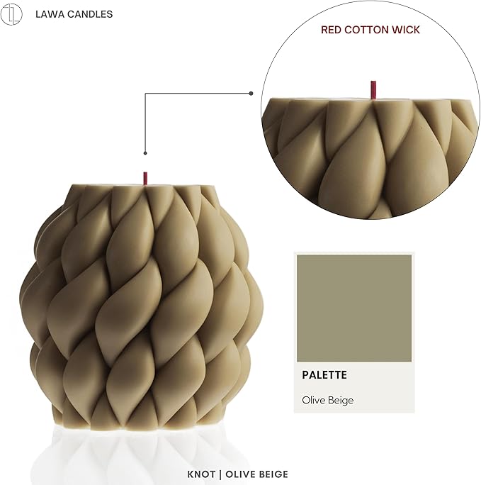 LAWA Knot Ball Candle - Large Beautiful Handmade Pillar Scented Soy Wax Elegant Bubble Aesthetic Candle Housewarming Gift Home Room Shelf Decor Idea Olive Beige